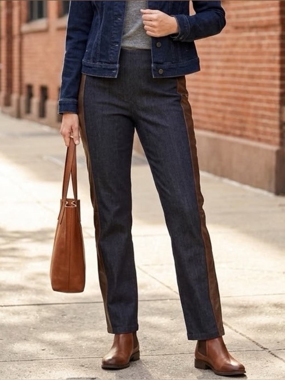 DKNY Pants Navy Blue Wool Blend/Brown Leather Straight Leg Size 14
